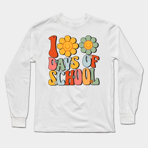 Teacher Kids Retro Groovy 100 Days Happy 100th Day Of School Long Sleeve T-Shirt by Nichole Joan Fransis Pringle